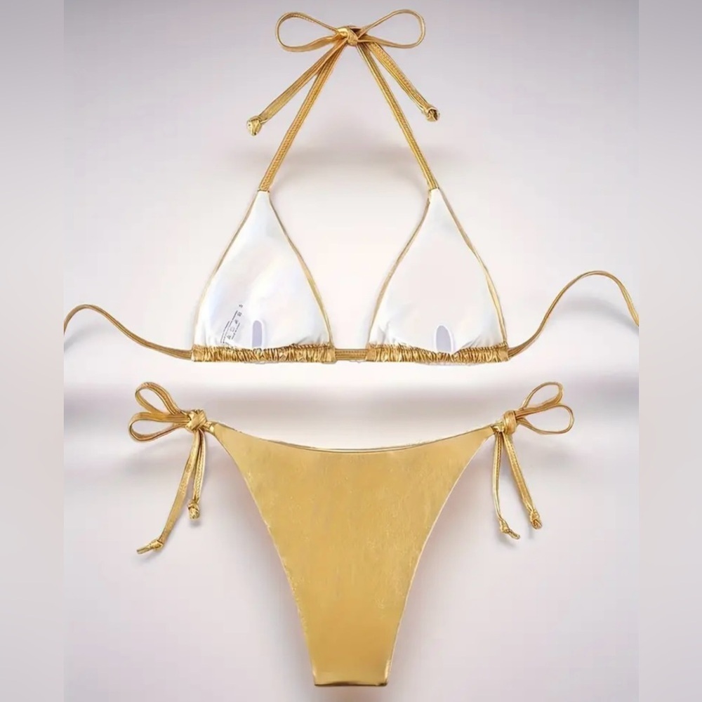 Gold Metallic Triangle Halter Side Tie Bikini Set - Picture 3 of 7
